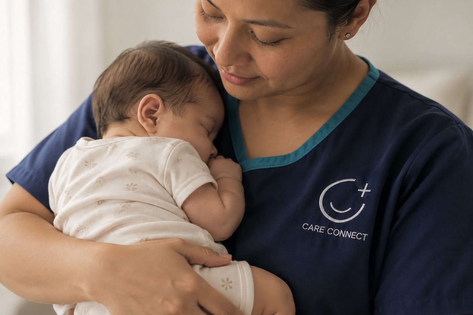 A Care Connect nurse in navy uniform holding a sleeping baby close against her shoulder