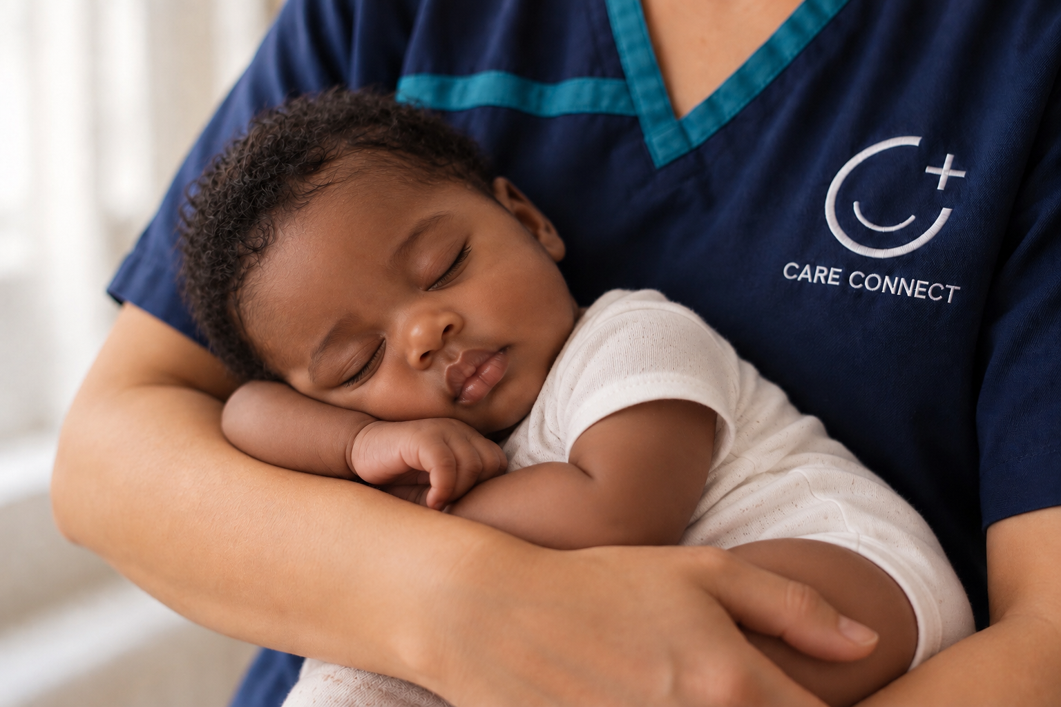 A Care Connect nurse in navy uniform cradling a peacefully sleeping baby in her arms