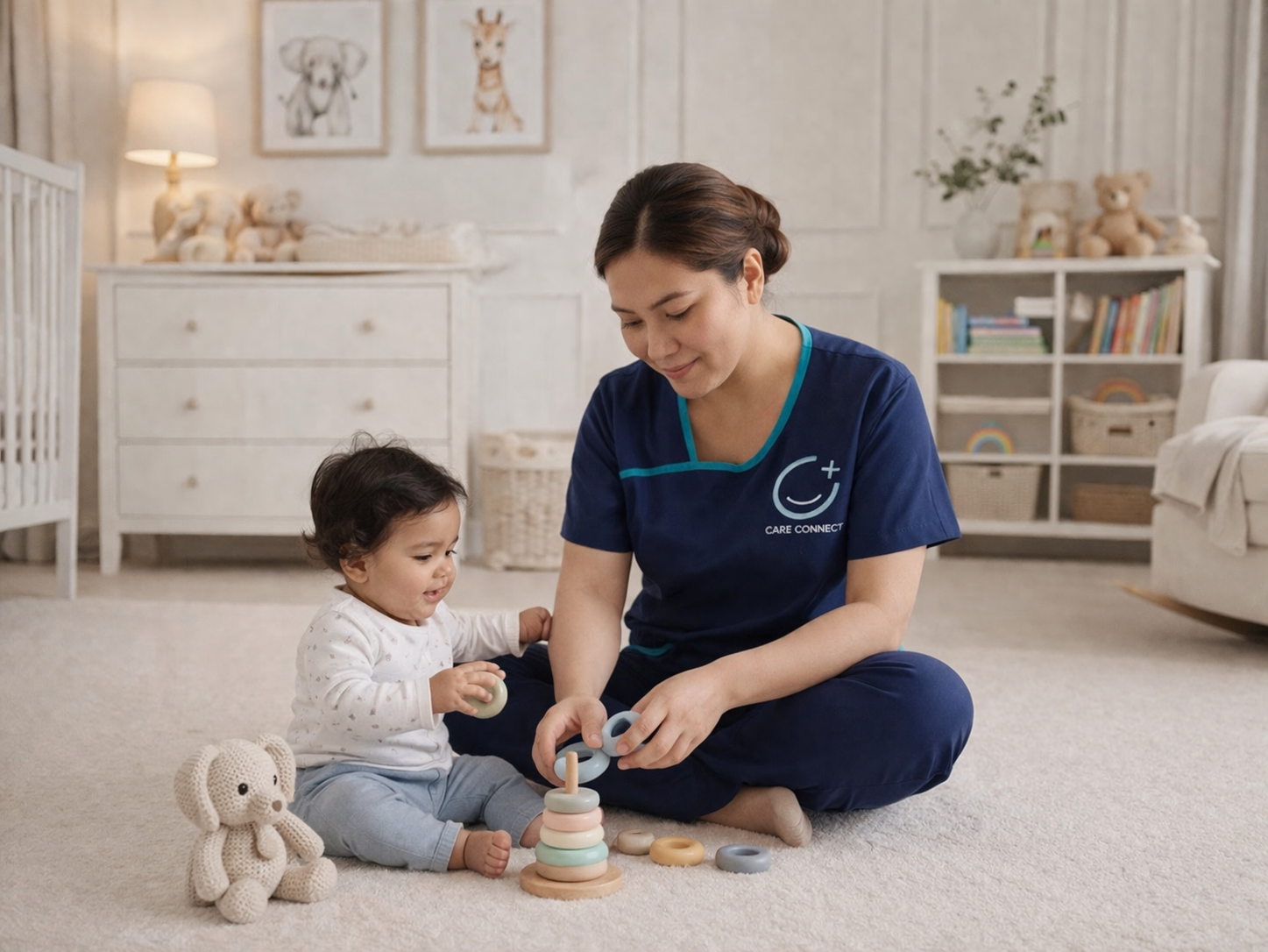 A Care Connect nurse in navy uniform playing with a toddler and stacking rings on a nursery floor