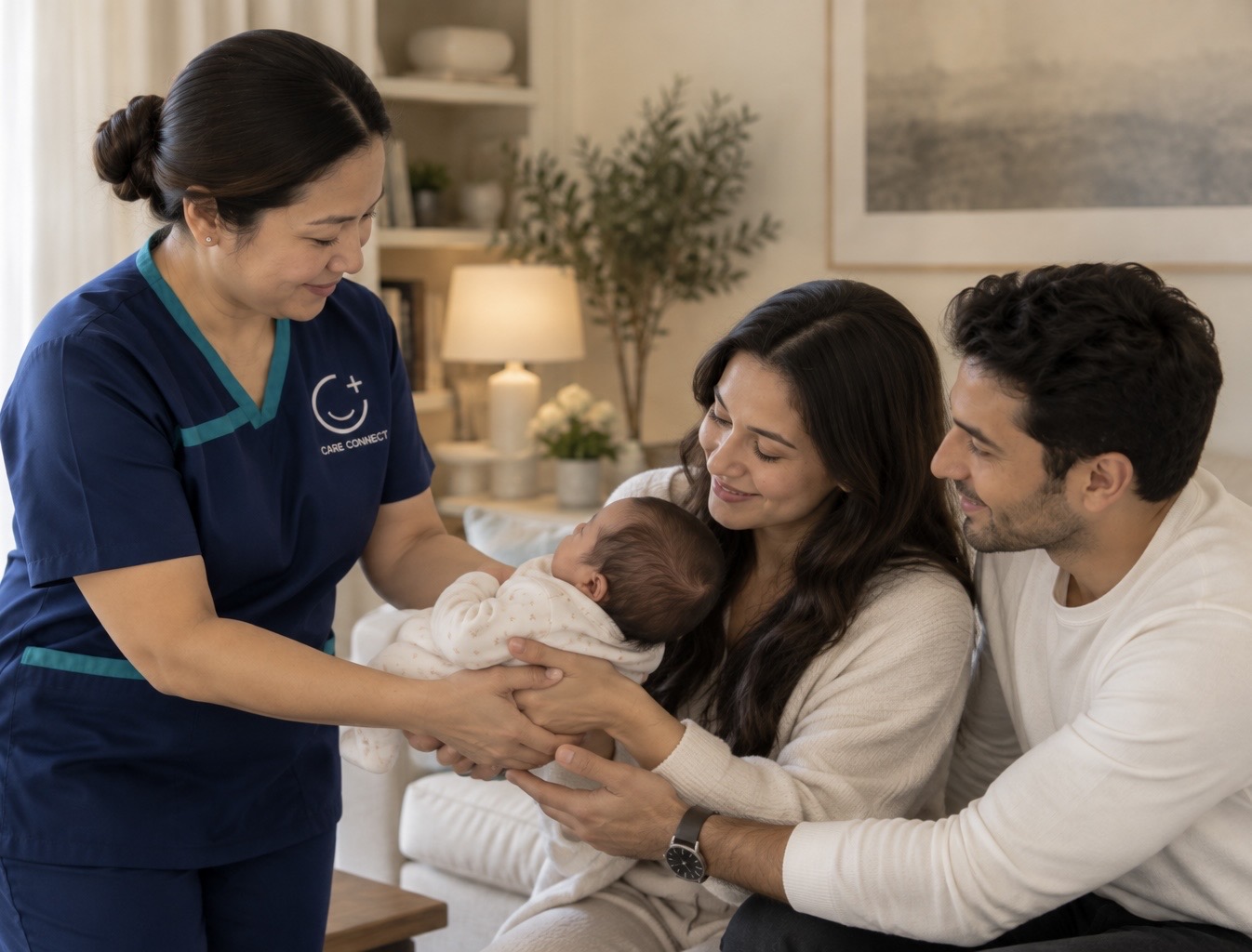 A Care Connect nurse gently placing a newborn into the arms of a smiling mother while the father looks on