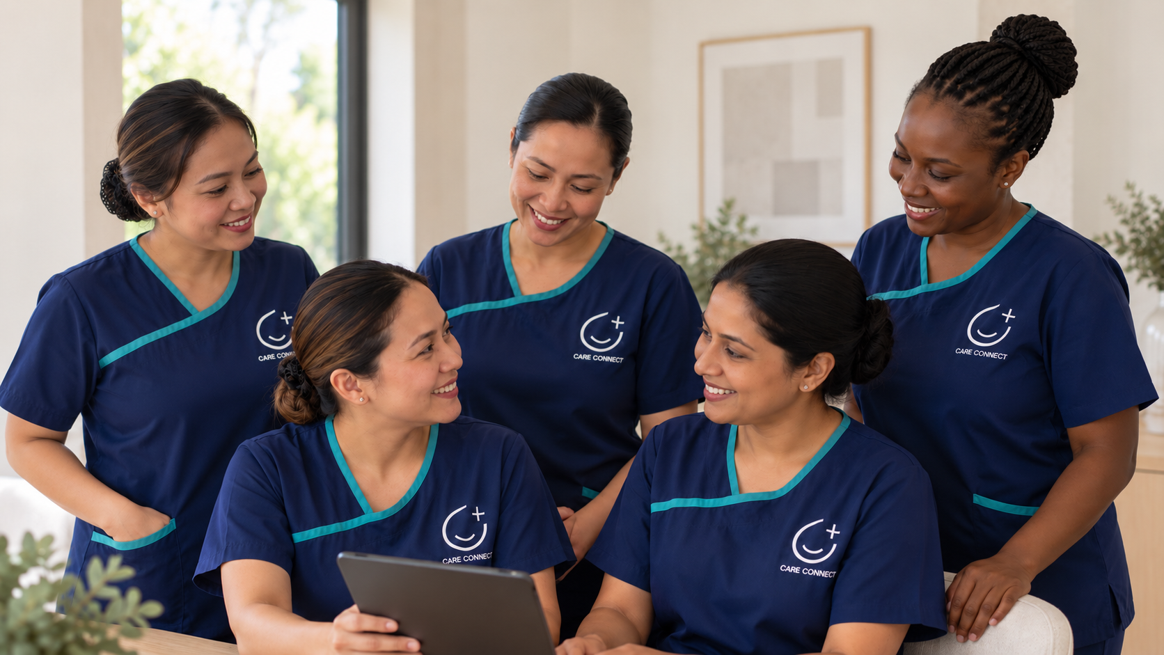 Five smiling Care Connect nurses in navy uniforms gathered around a tablet