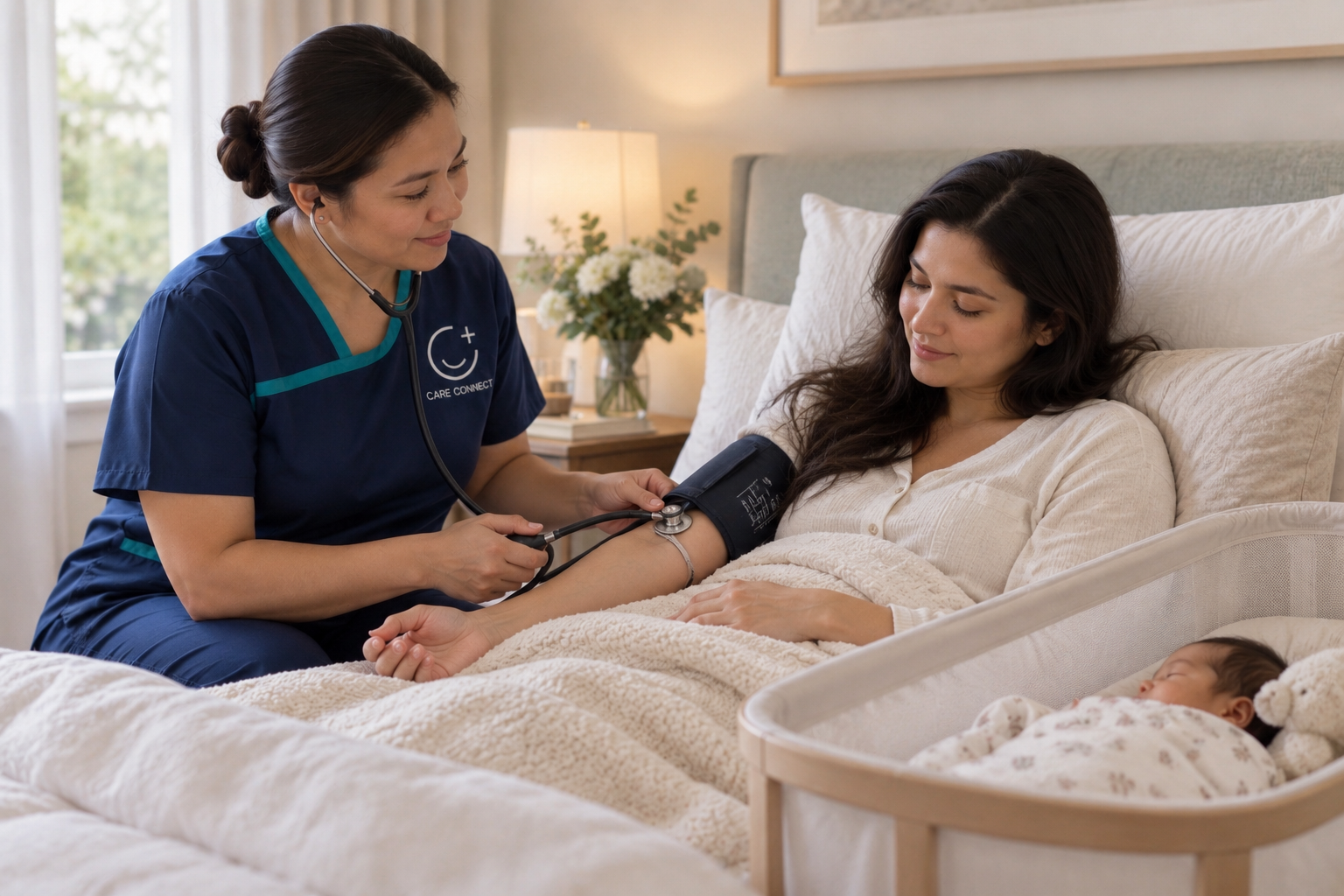 A Care Connect nurse checking a mother's blood pressure at home while her newborn sleeps in a bassinet