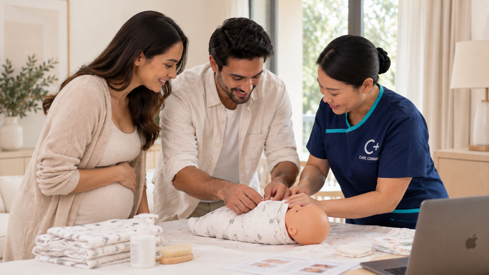 A Care Connect nurse guiding an expectant couple as they practise swaddling a baby doll at home