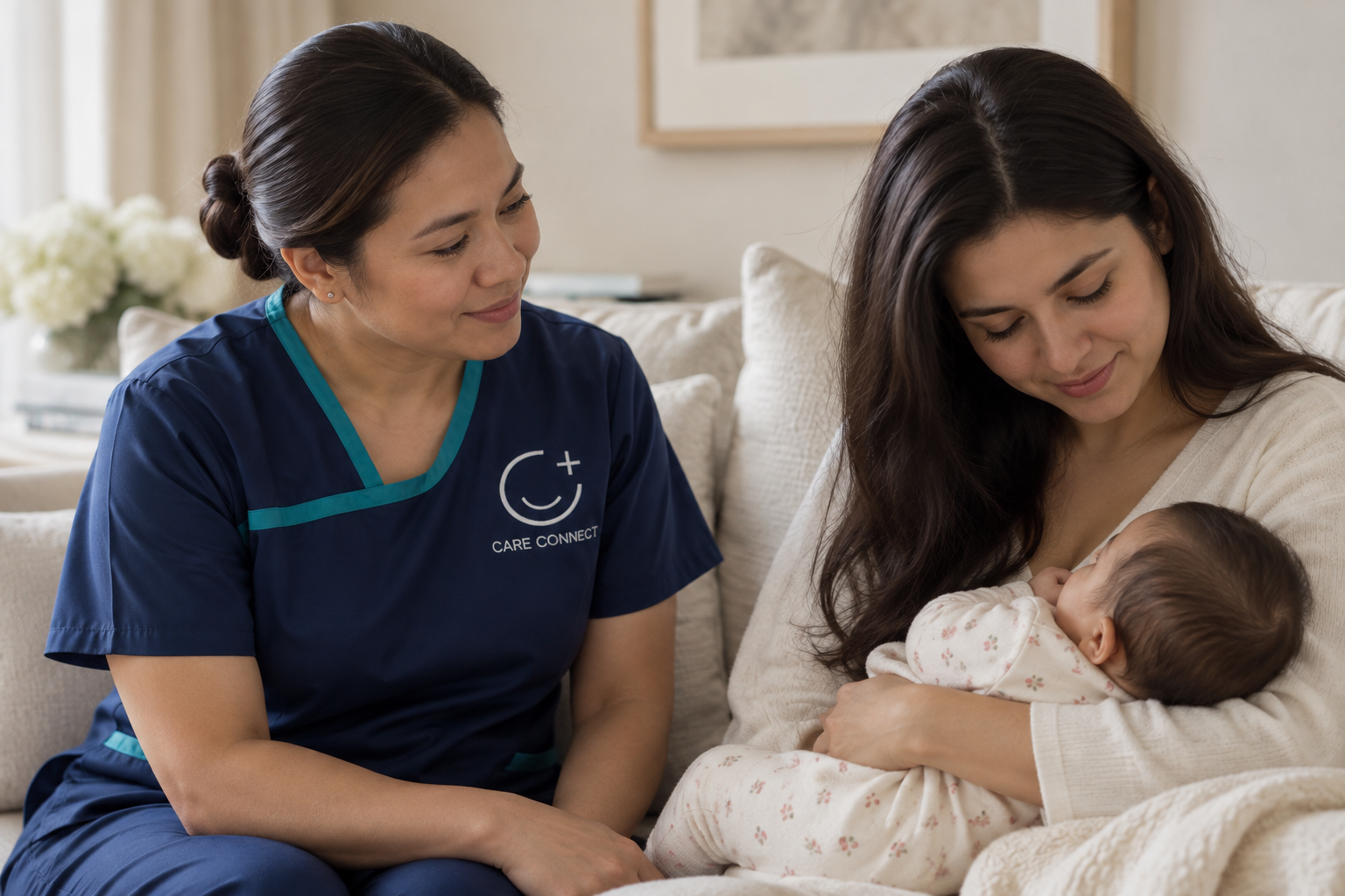A Care Connect nurse sitting beside a mother cradling her newborn on the sofa