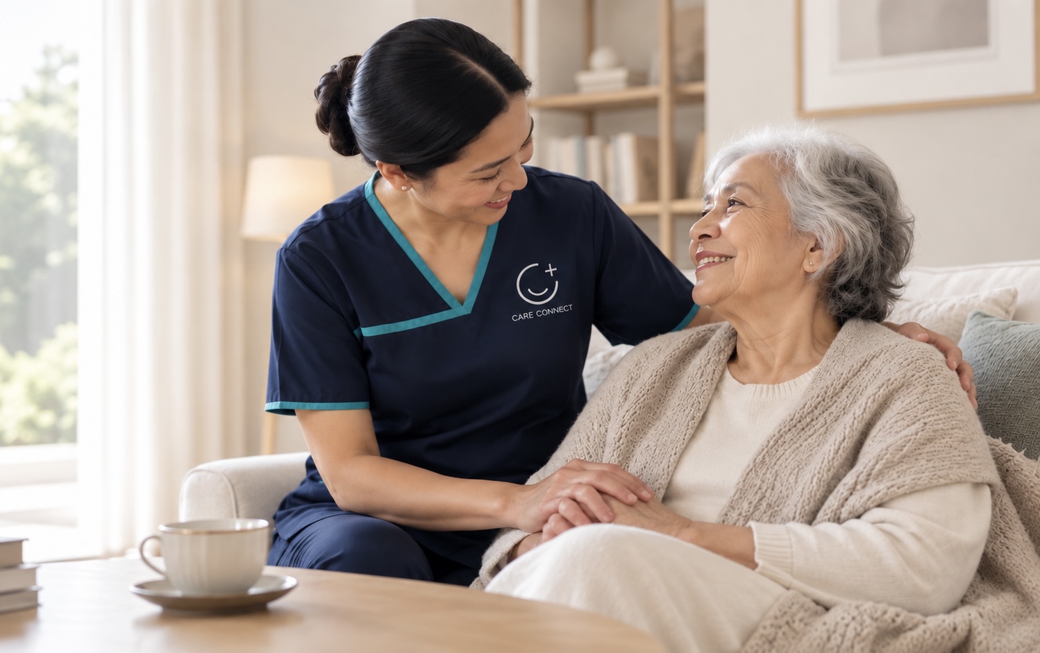 A Care Connect nurse holding hands with a smiling elderly woman wrapped in a knitted shawl on a sofa