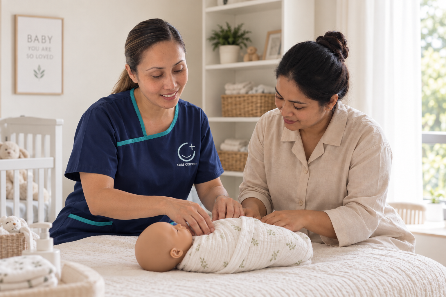 A Care Connect nurse educator demonstrating swaddling on a practice doll with a nanny in a nursery