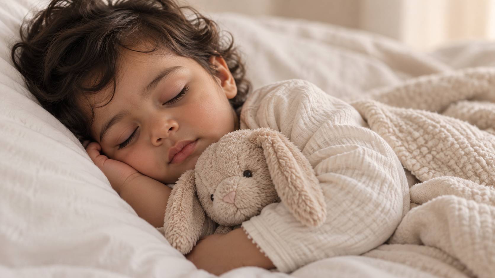 A young child sleeping peacefully in bed, cuddling a soft bunny toy