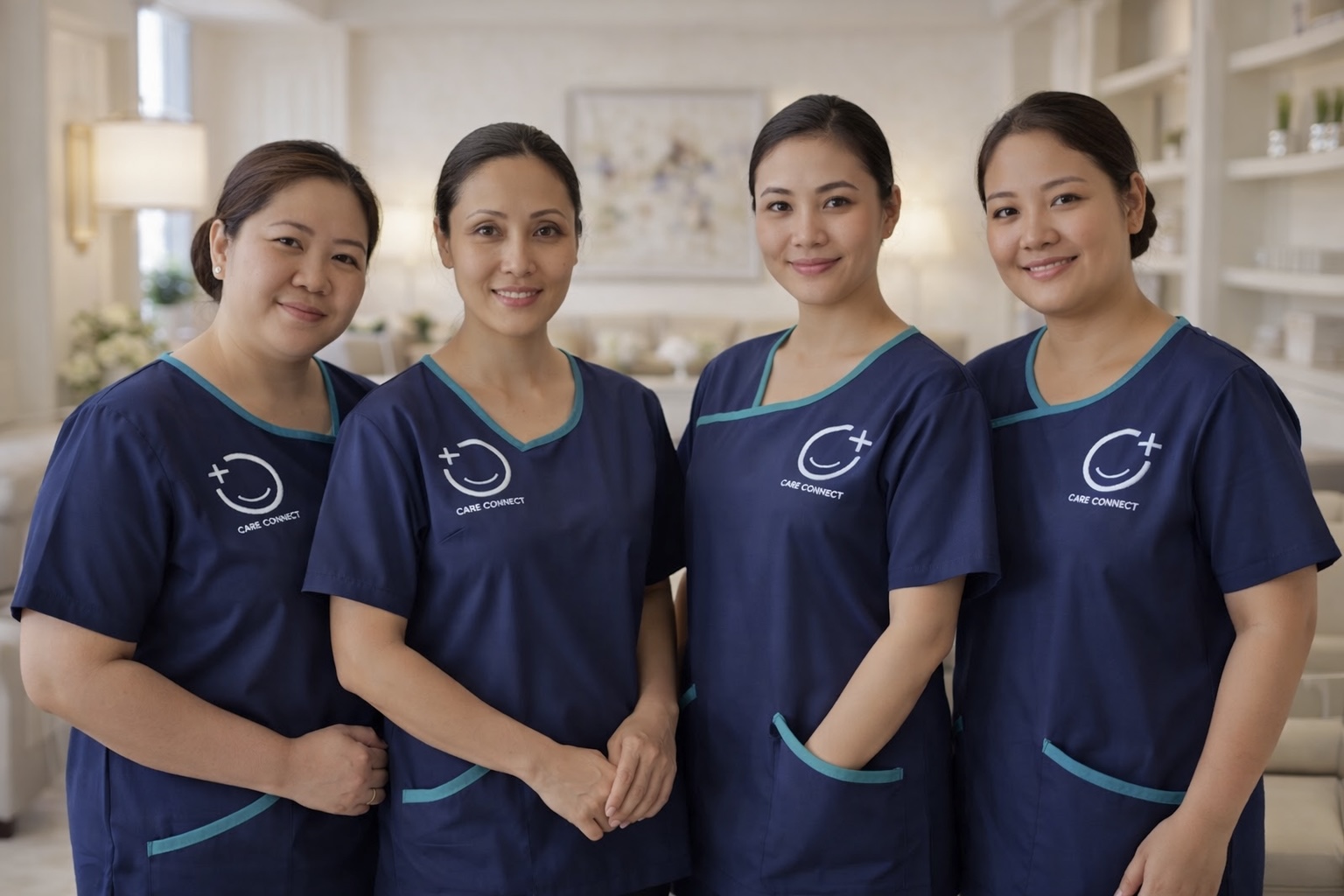Four smiling Care Connect nurses in navy uniforms standing together