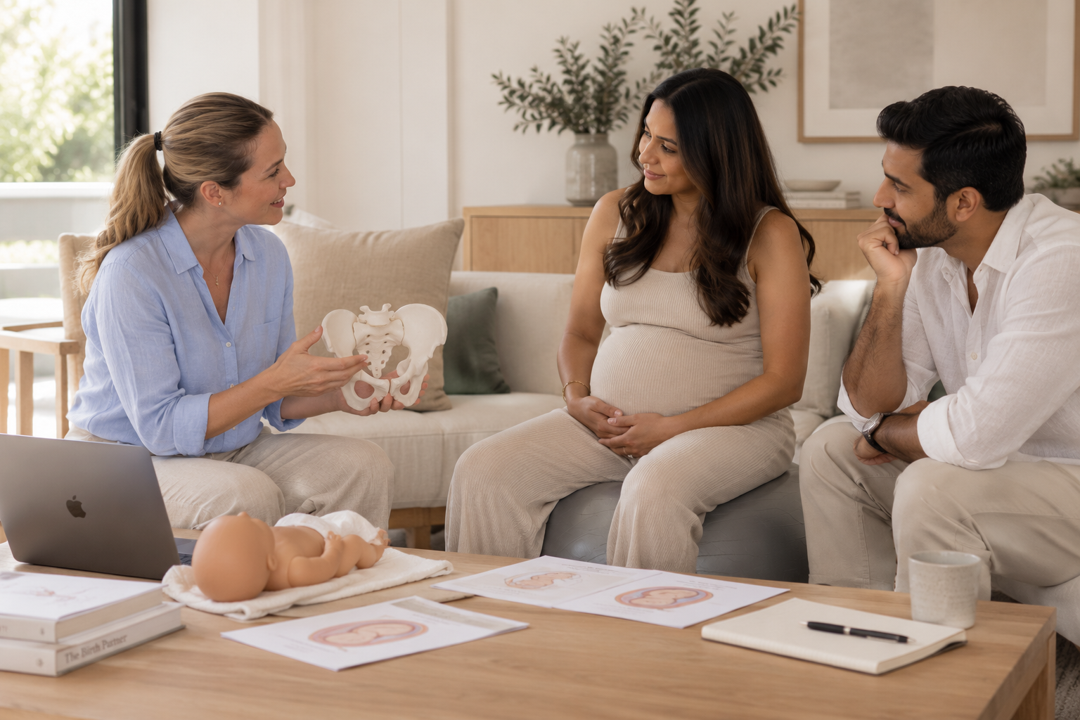 A birth preparation specialist showing a pelvis model to an expectant couple at home