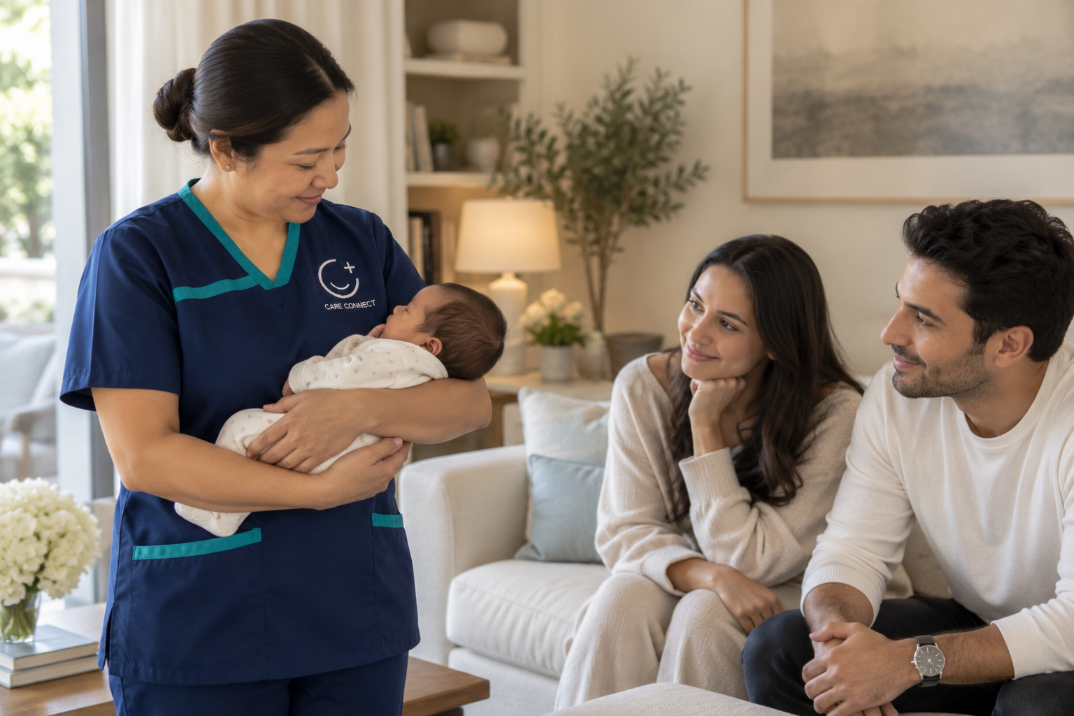 A Care Connect nurse cradling a newborn while the parents look on from the sofa