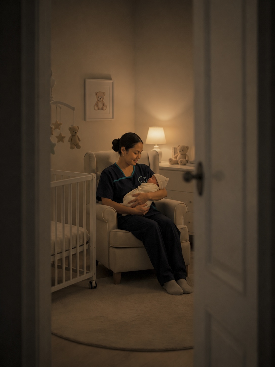 A Care Connect night nurse cradling a sleeping newborn in an armchair in a softly lit nursery