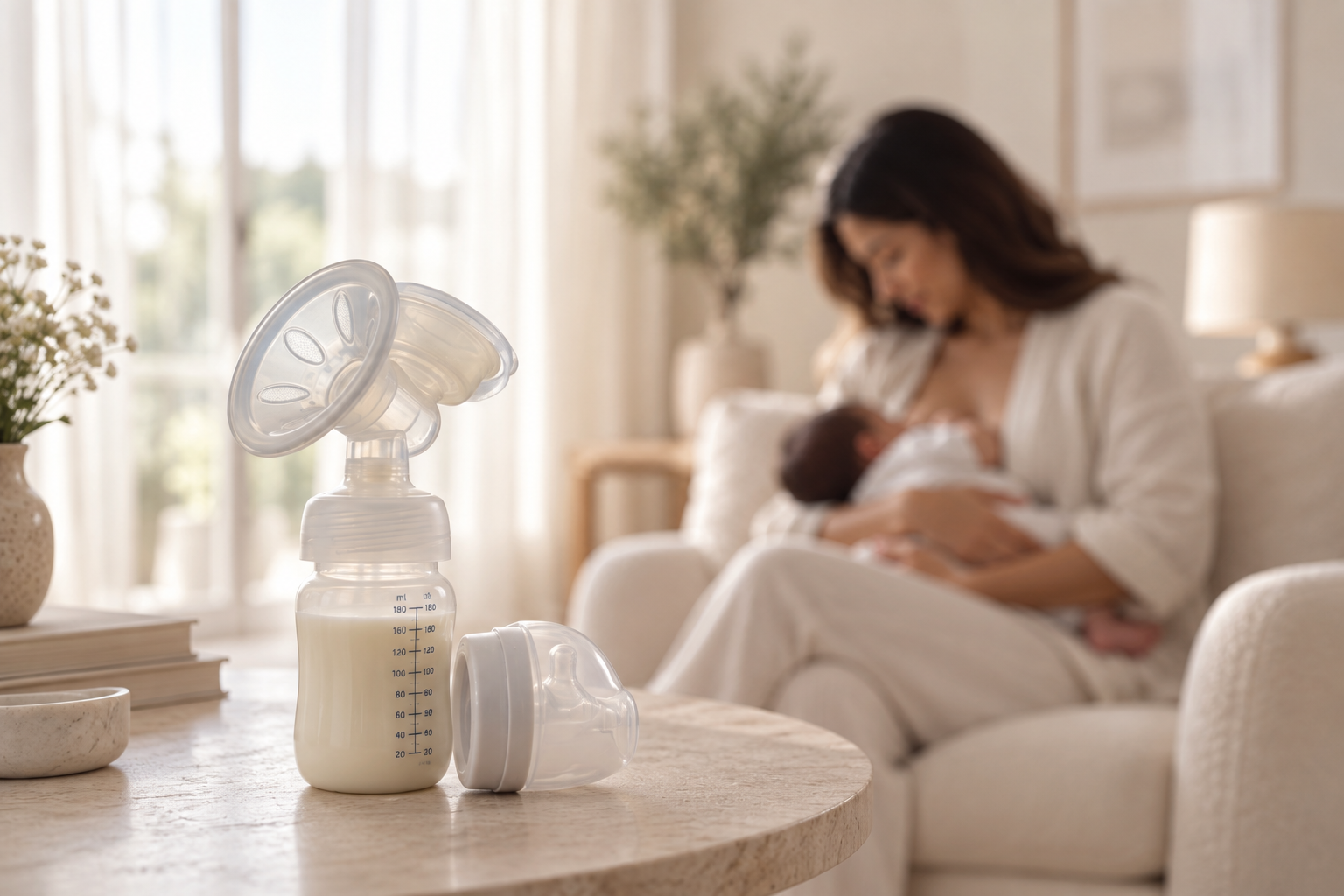 A breast pump and bottle on a table with a mother feeding her newborn softly in the background