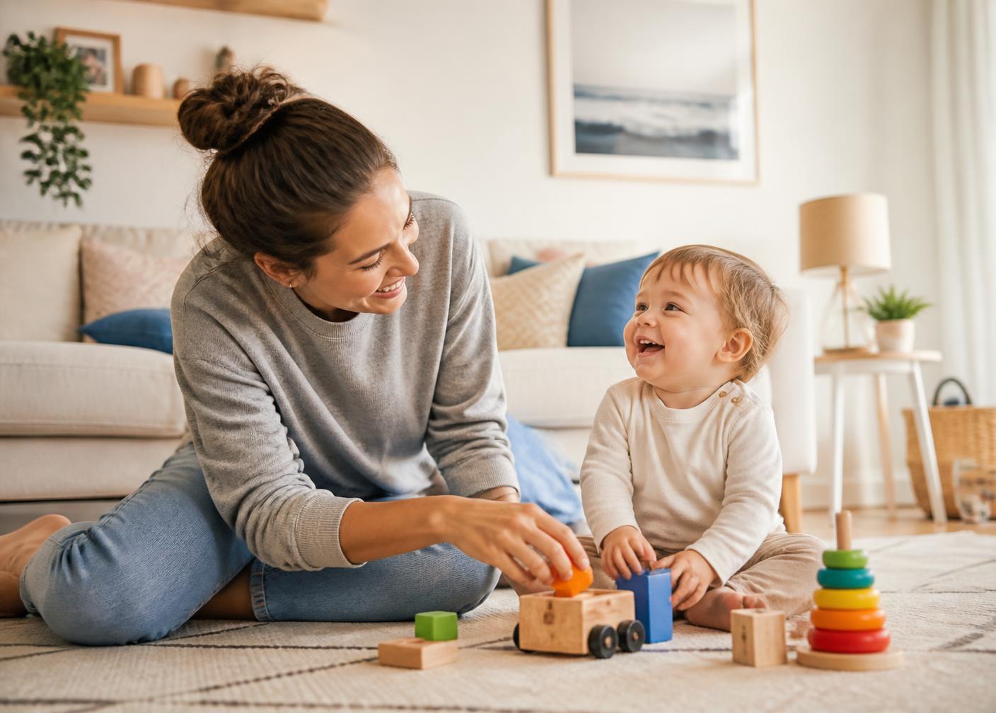 Babysitter playing with a toddler