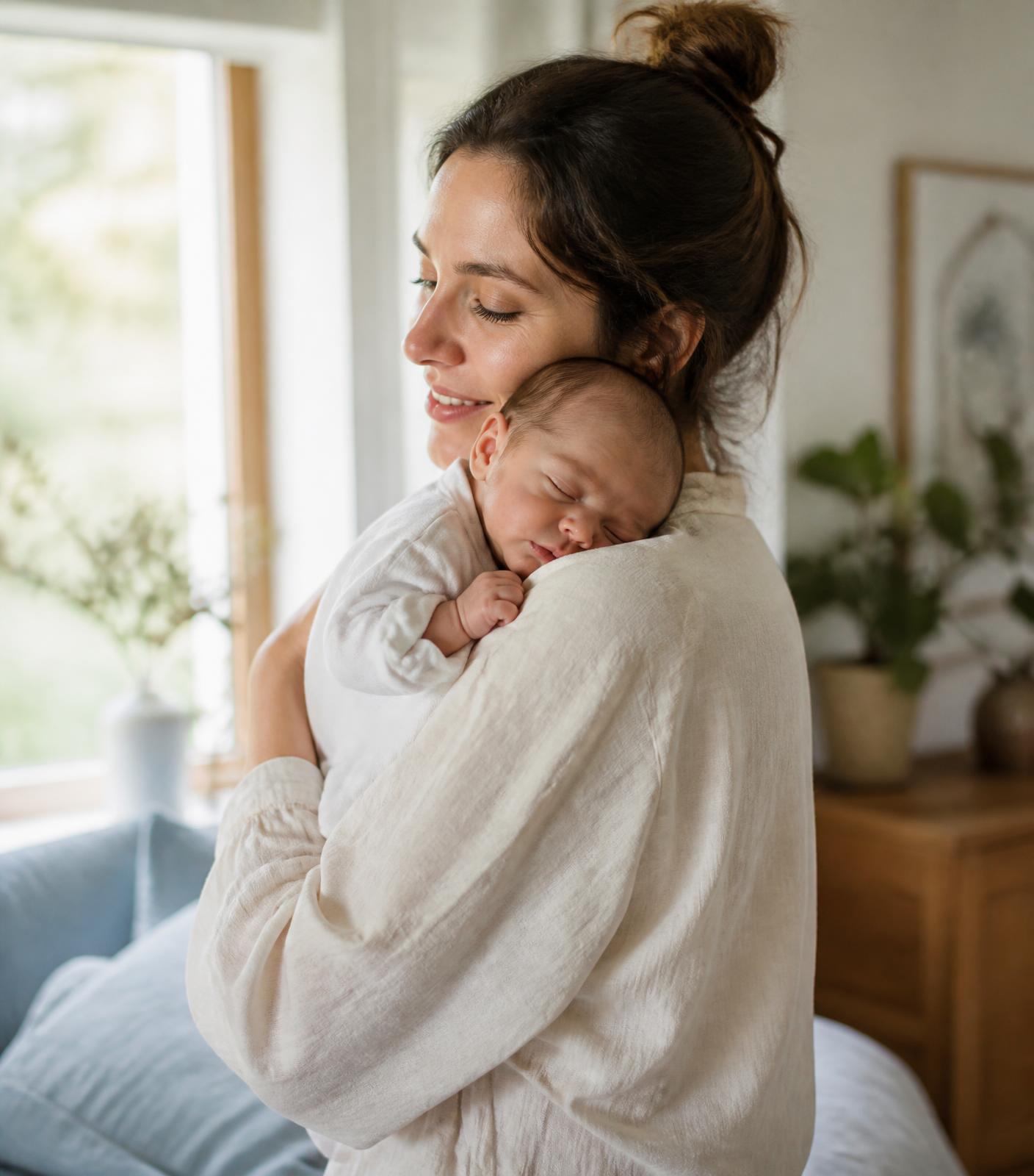 Caregiver holding a sleeping newborn at home