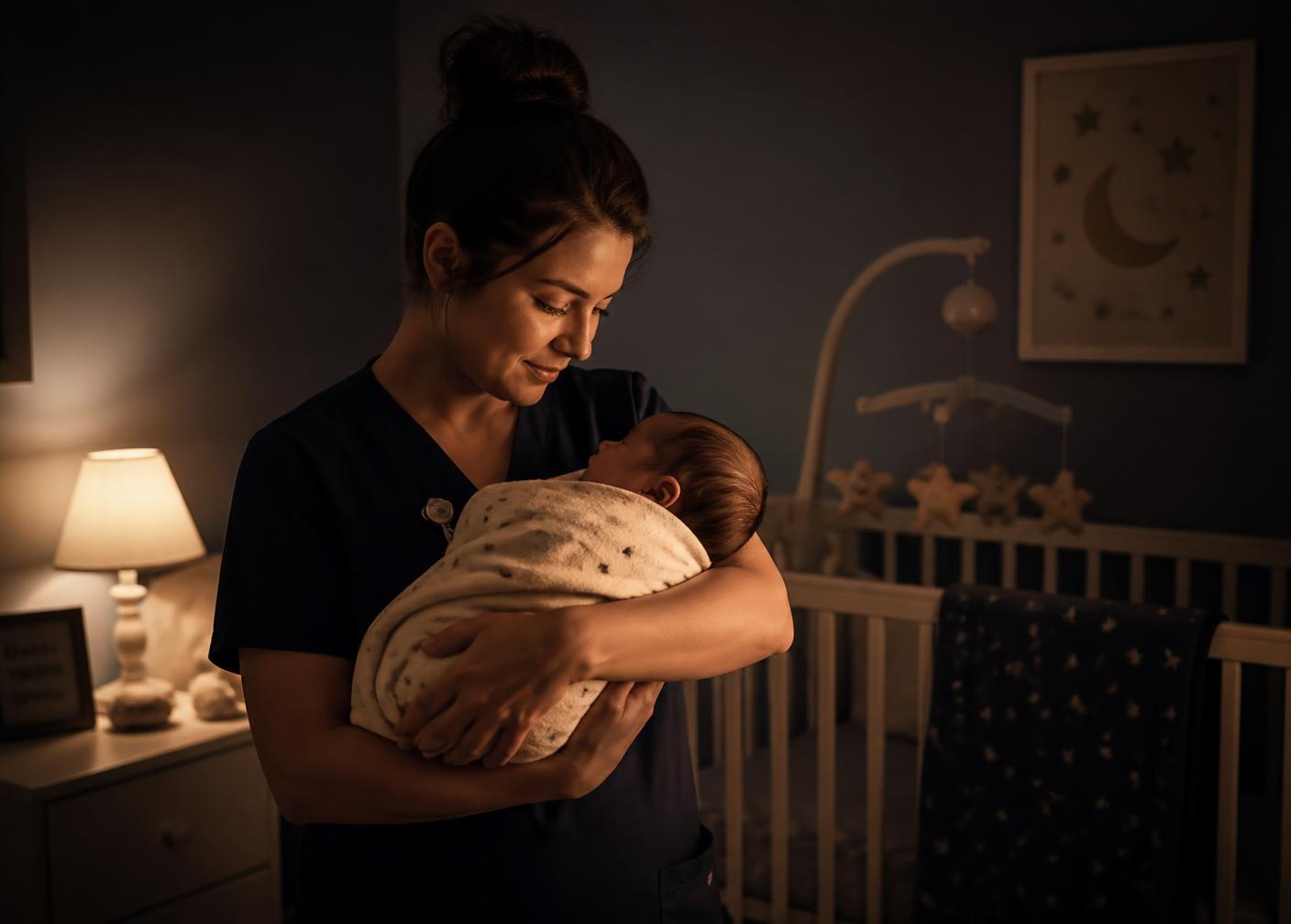 Night nurse settling a swaddled baby