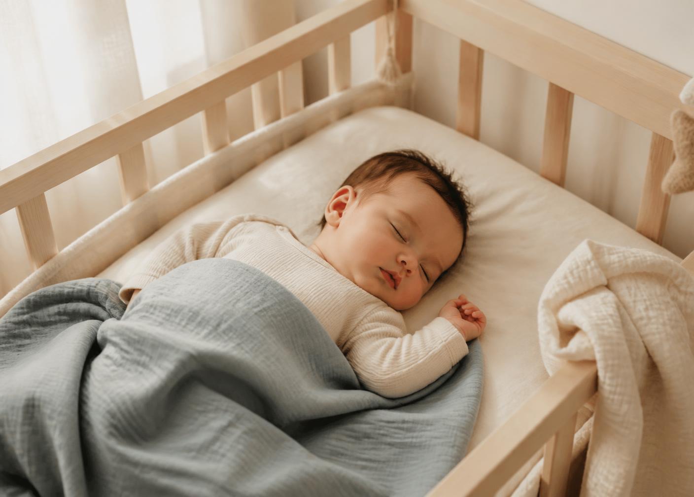 Baby sleeping peacefully in a cot
