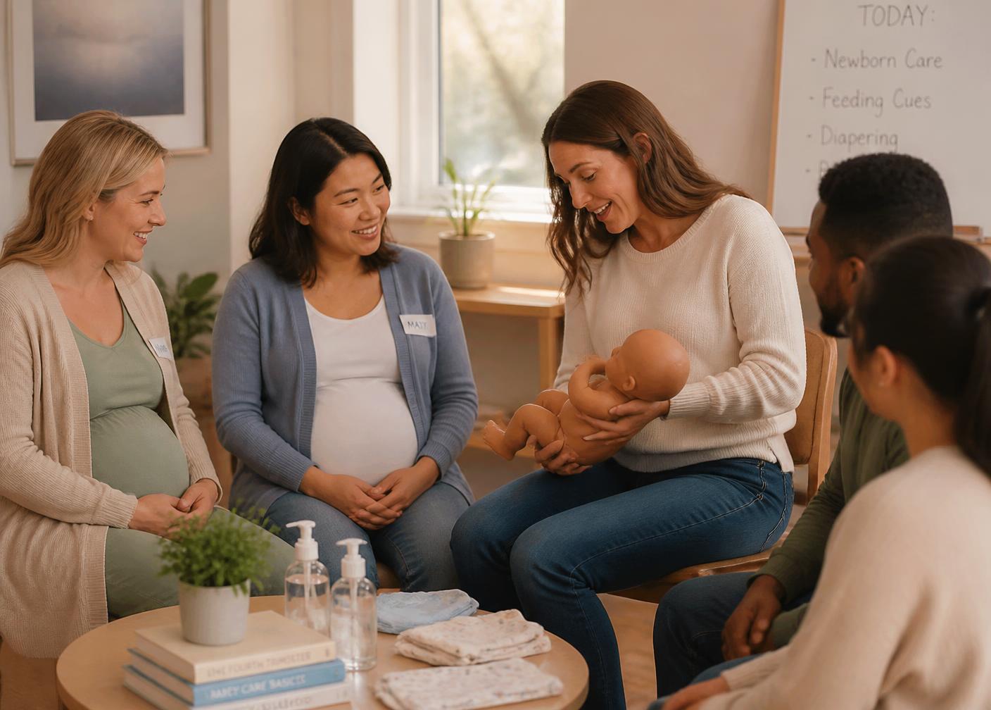 Parents learning newborn care in a workshop